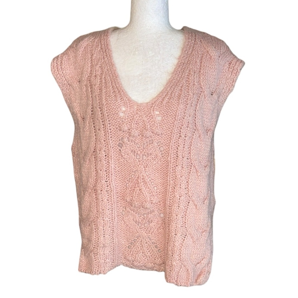 Zara Blush Pink Fuzzy Cable Knit V-Neck Cap Sleeve Sweater Vest - S
